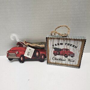 2 New Christmas Holiday Tree Home Holiday Decor Ornament Farm Fresh Sign Truck